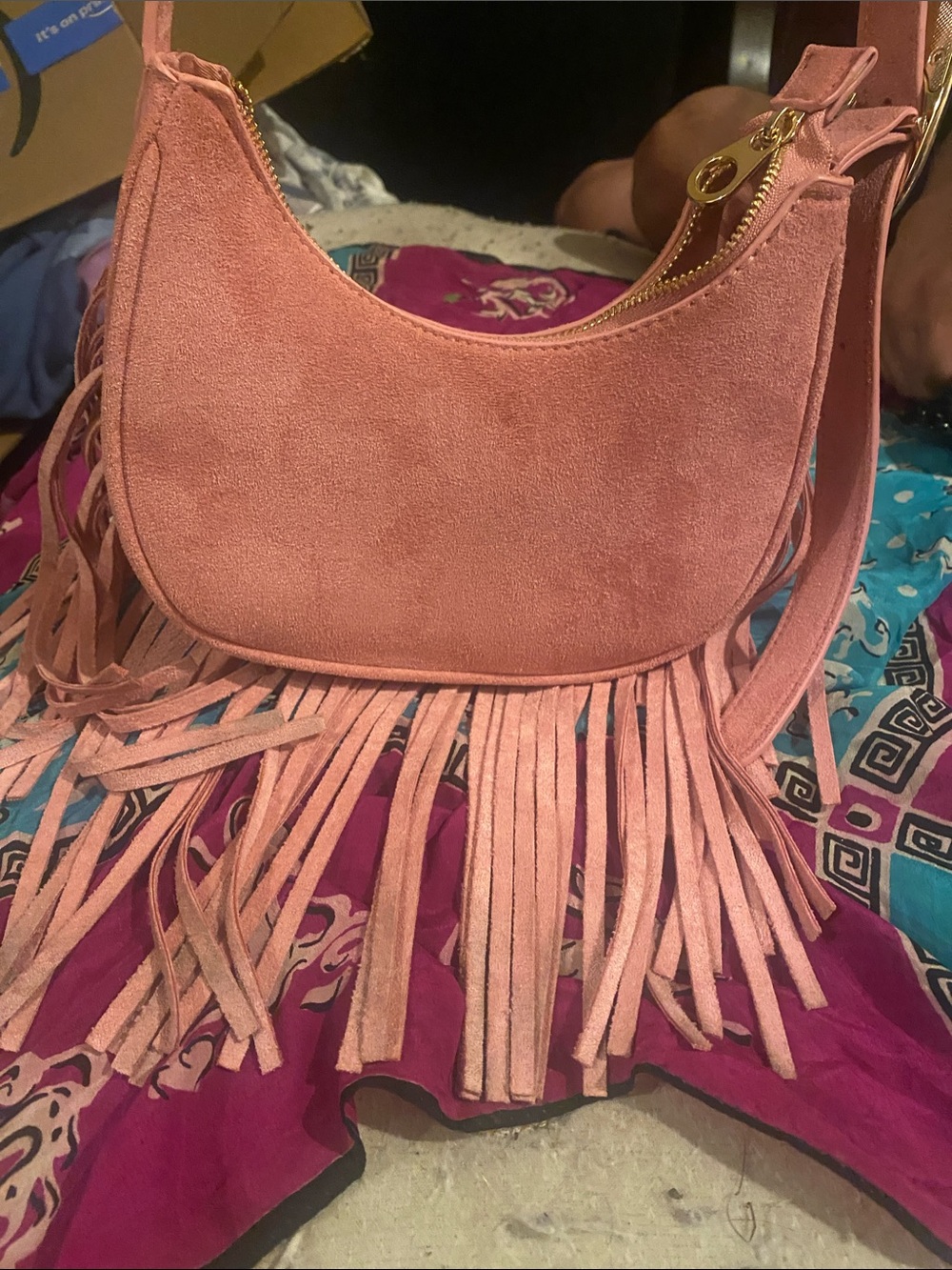 Suede Fringe Shoulder Bag - Pink